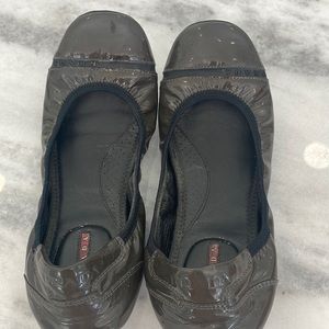 Grey patent PRADA flats